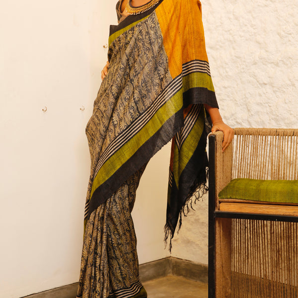 Peace Silk Sari - Olive/ Mustard